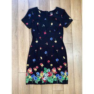 Vintage 80s 90s J.D. Stone Black Floral Dress Shoulder Pads Square Neck Sz 8